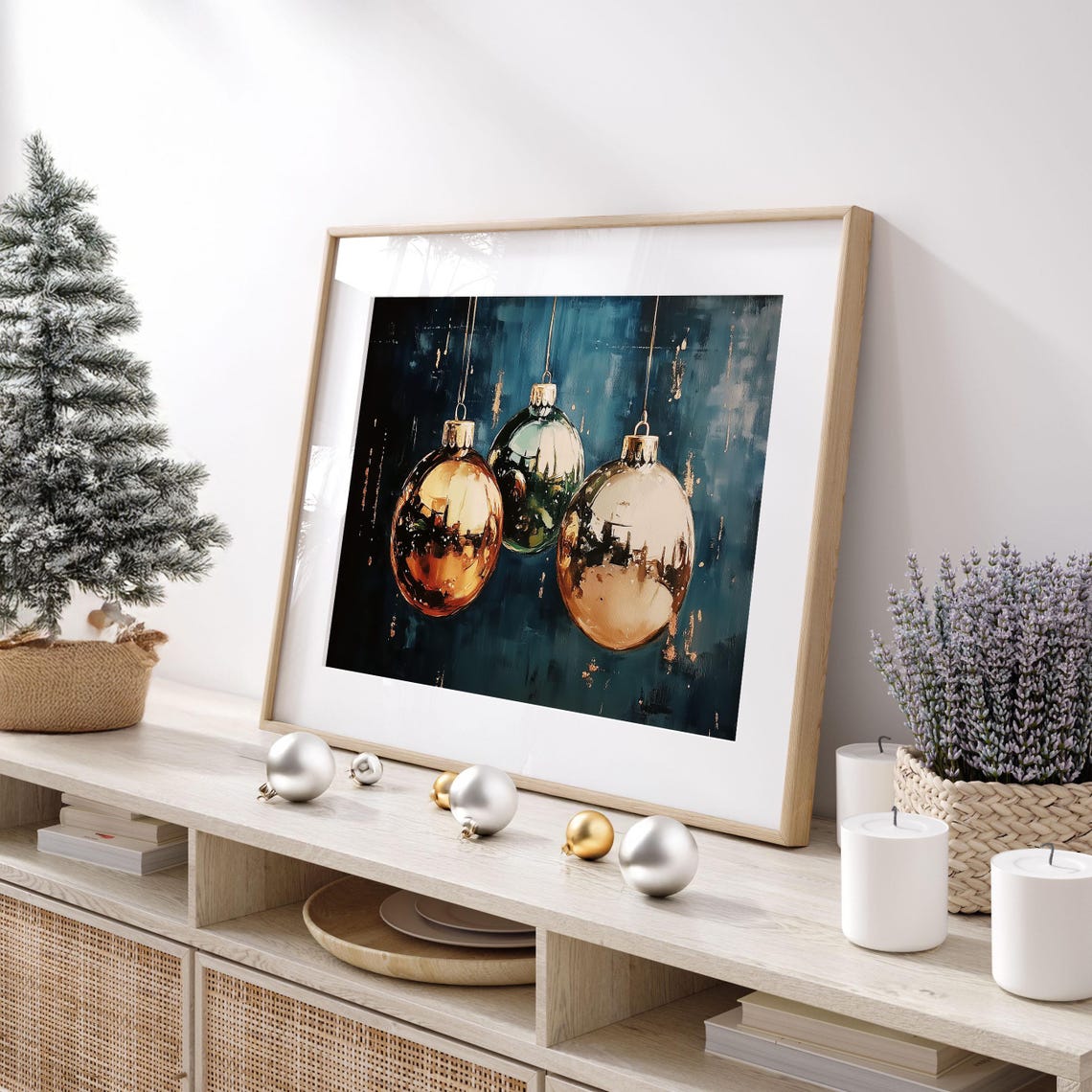 Copper and Green Hanging Christmas Baubles Dark Blue Oil Poster - Image 4