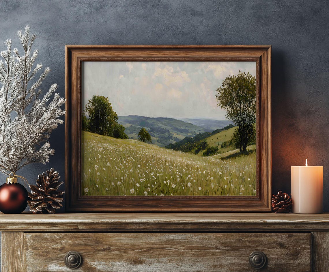 White Wildflower Meadow Rolling Hills Summer Landscape Oil Poster - Image 2