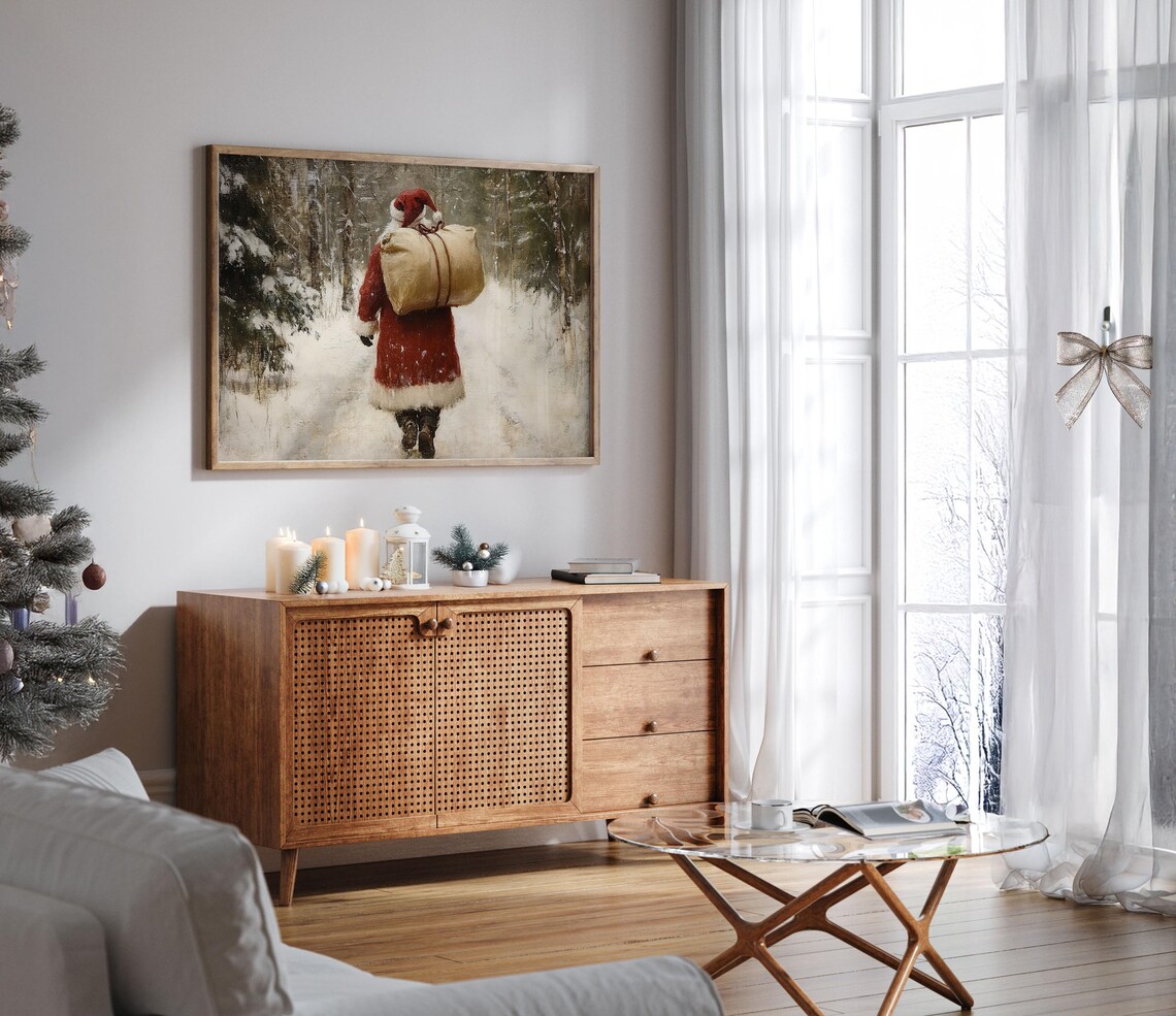 Santa Claus Carrying Gift Sack Through Snowy Forest Vintage Poster - Image 5
