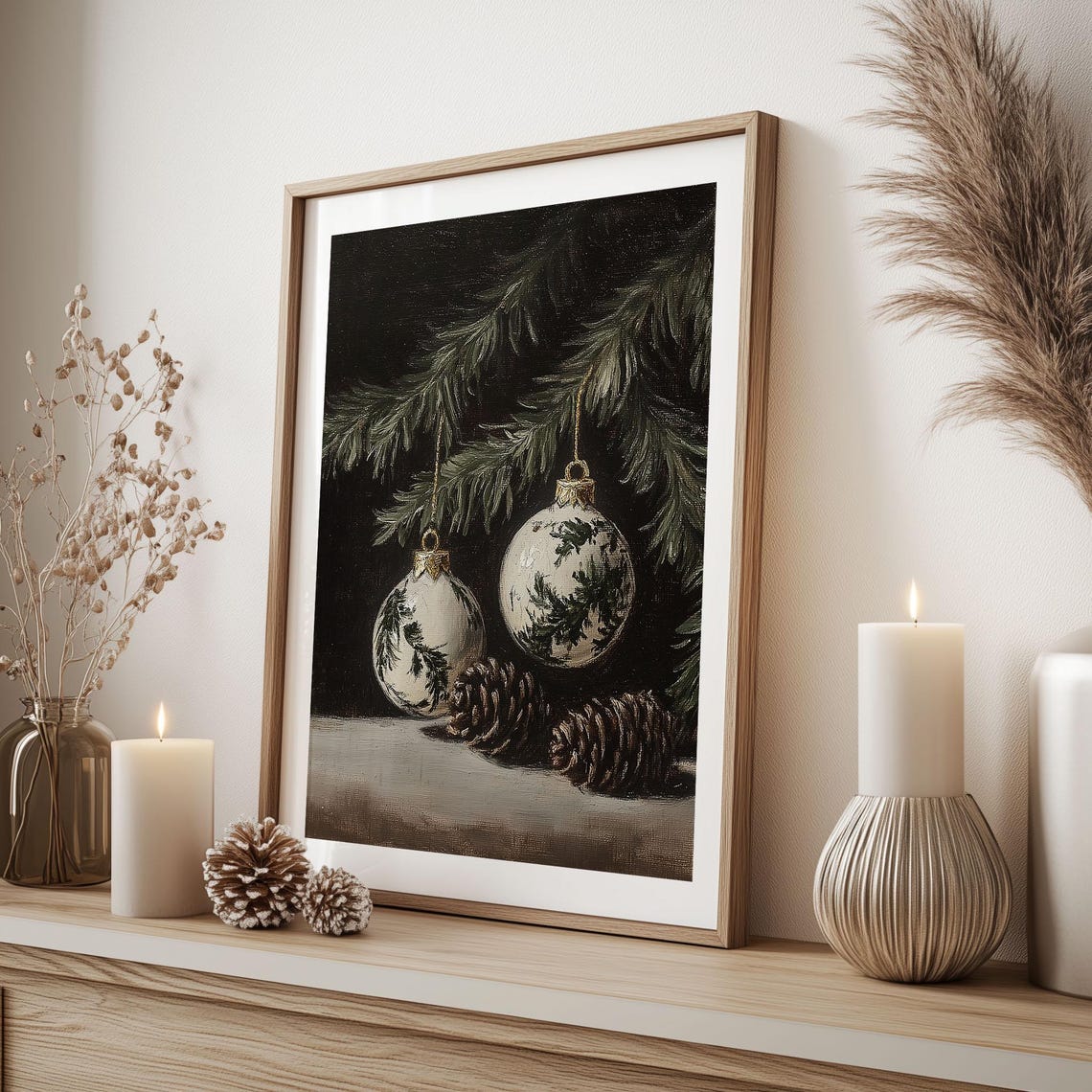 White Botanical Christmas Ornaments and Pine Cones Moody Poster - Image 3