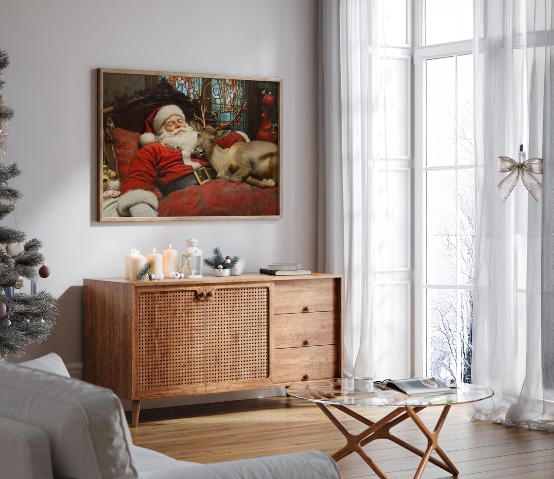 Sleeping Santa with Reindeer Stained Glass Cozy Christmas Poster - Image 4