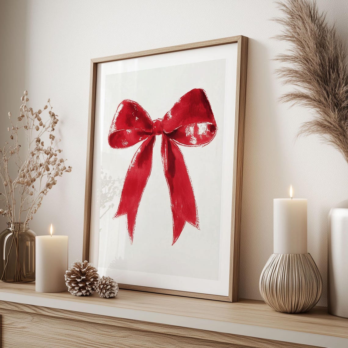 Bright Red Ribbon Bow Watercolor Painting Minimalist Wall Art - Image 6