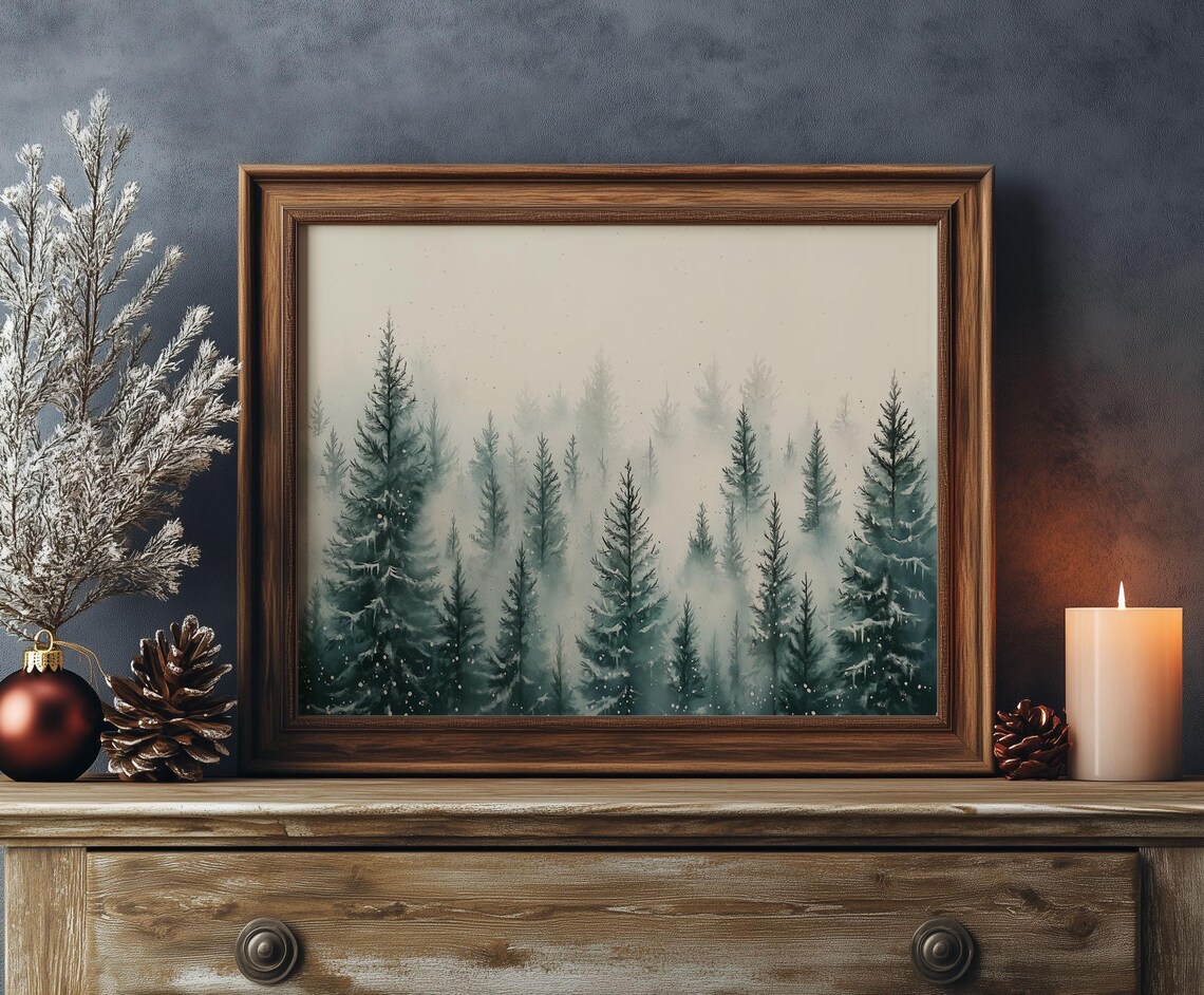 Misty Pine Forest Watercolor Minimalist Winter Landscape Poster - Image 3
