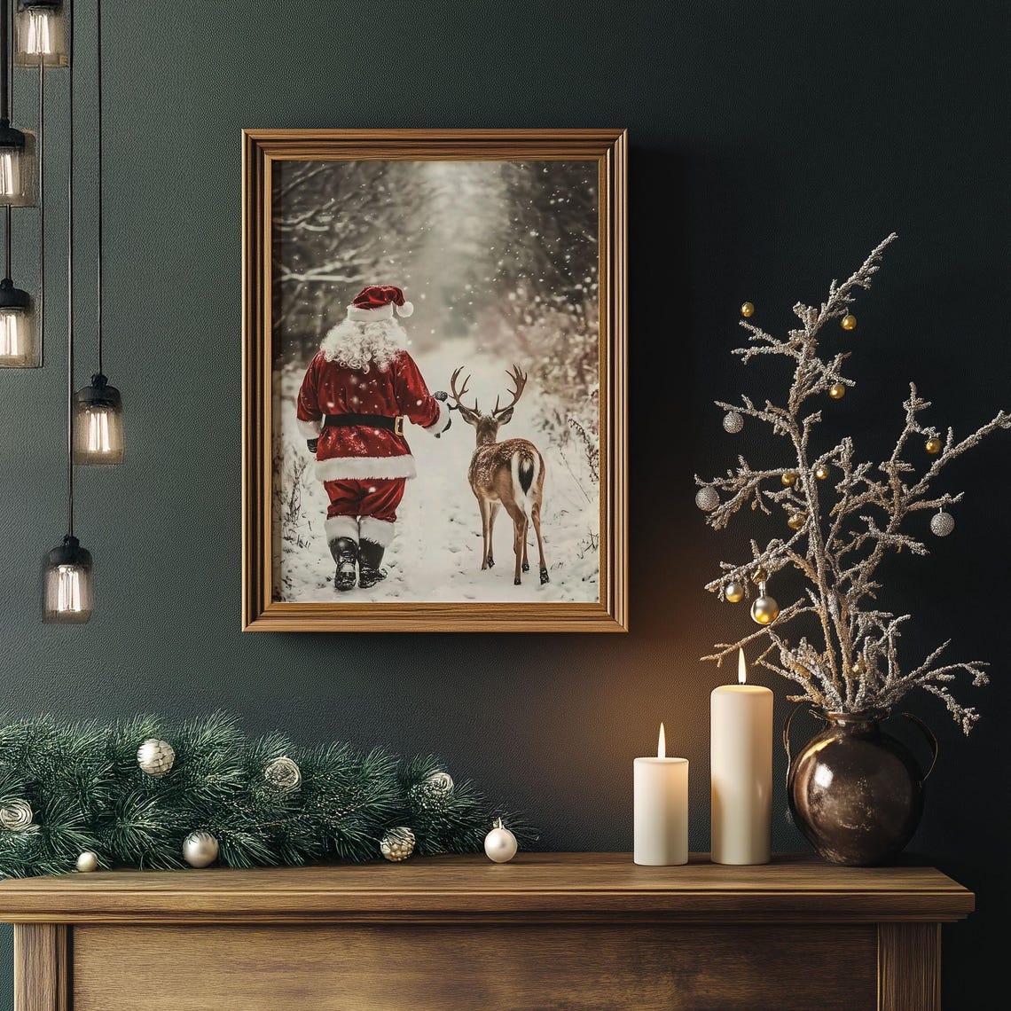Santa Claus Walking with Deer in Snowy Forest Winter Scene Poster - Image 4