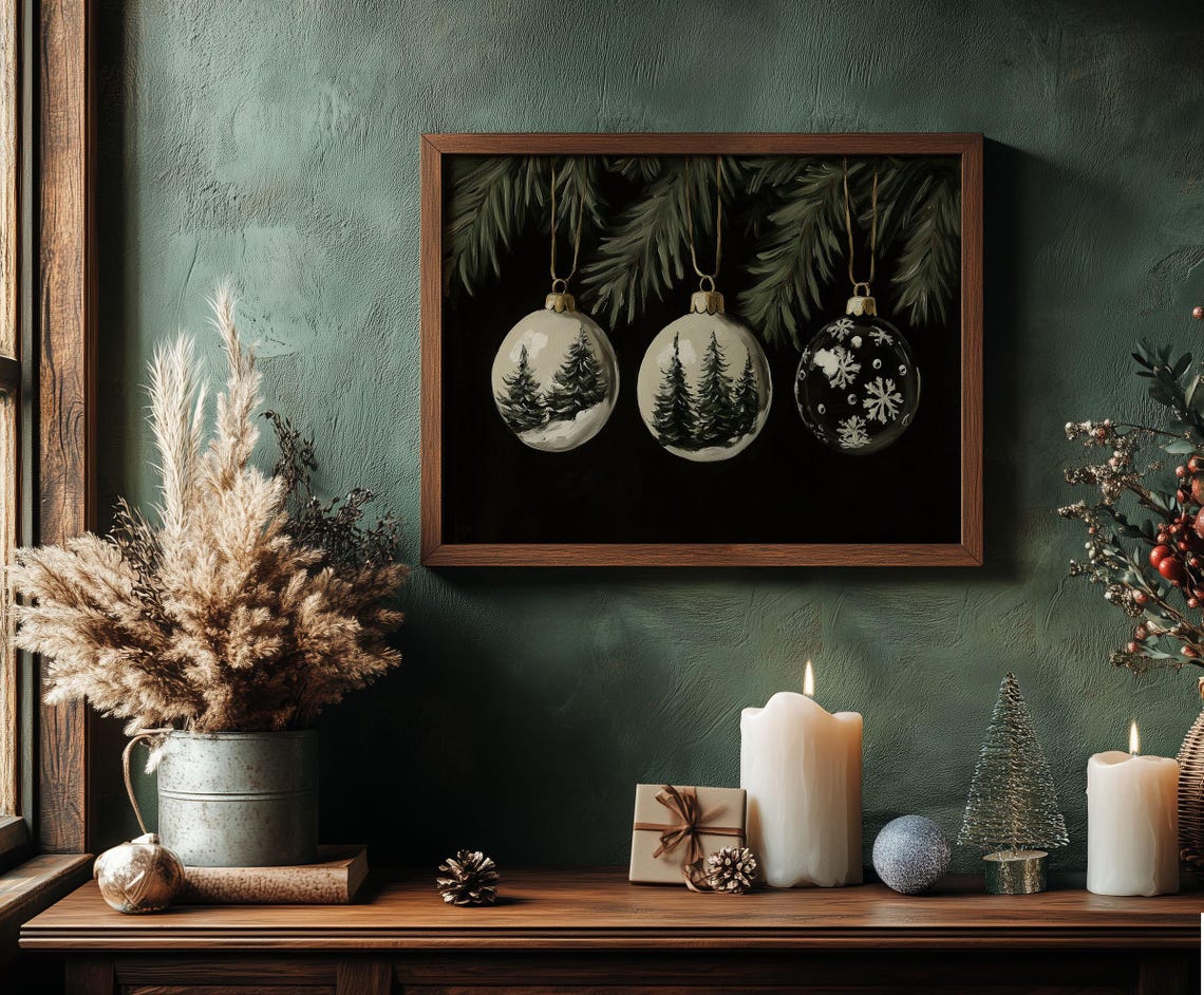 Hand Painted Baubles with Trees and Snowflakes on Black Poster - Image 7