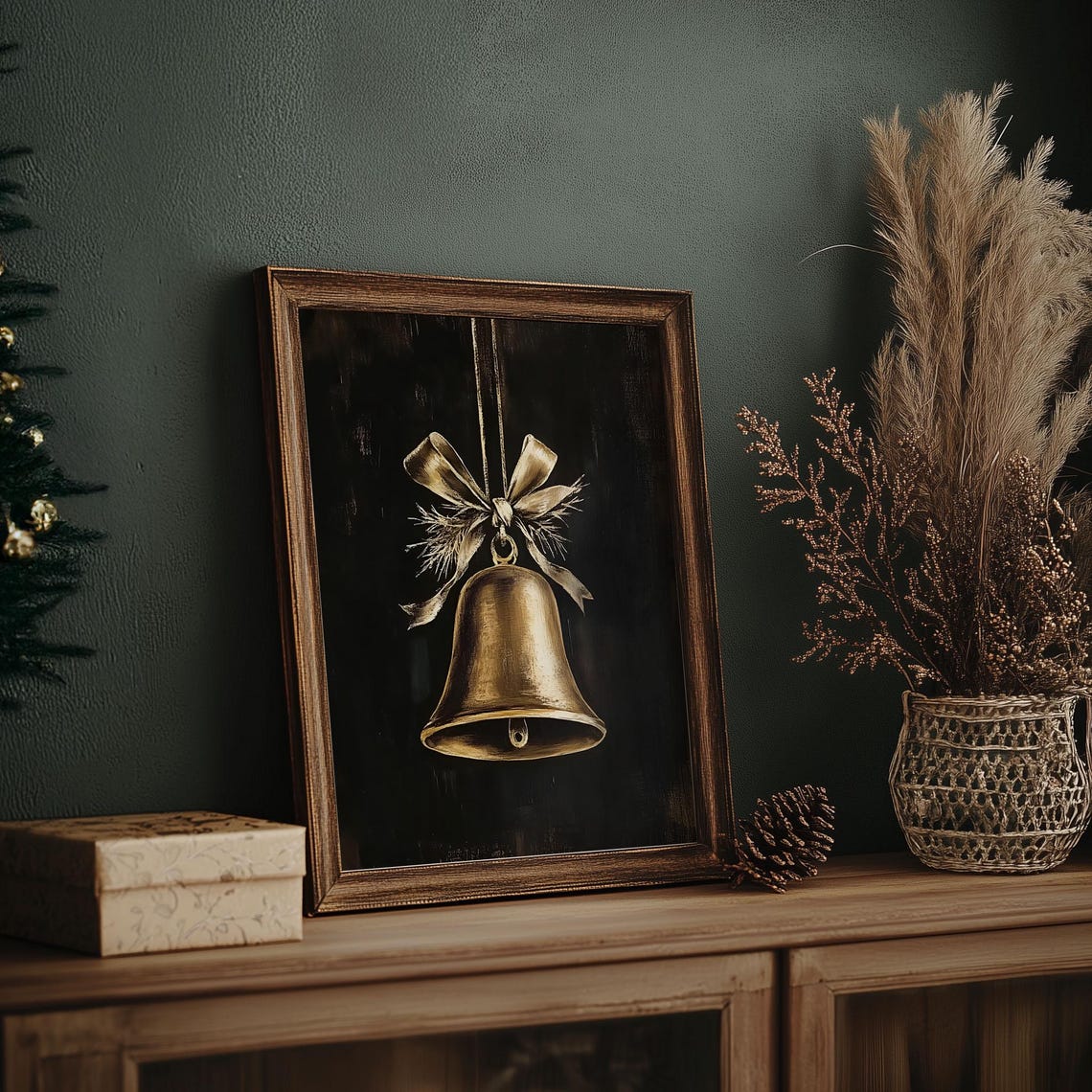 Golden Christmas Bell with Ribbon Bow on Black Vintage Poster - Image 7