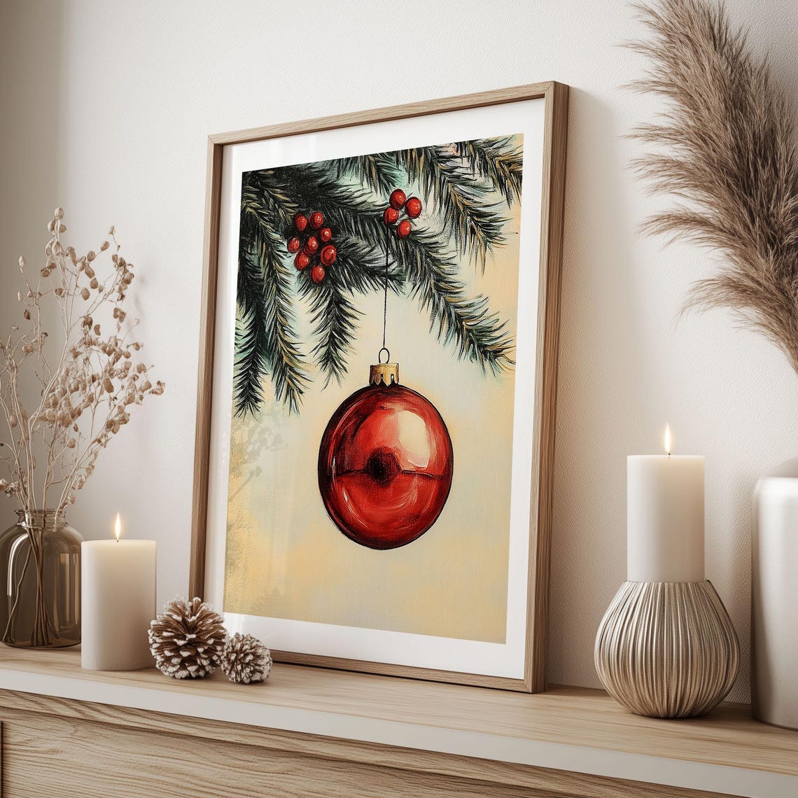 Glossy Red Christmas Bauble Hanging From Pine Branch Vintage Poster - Image 6