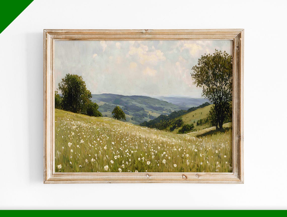 White Wildflower Meadow Rolling Hills Summer Landscape Oil Poster