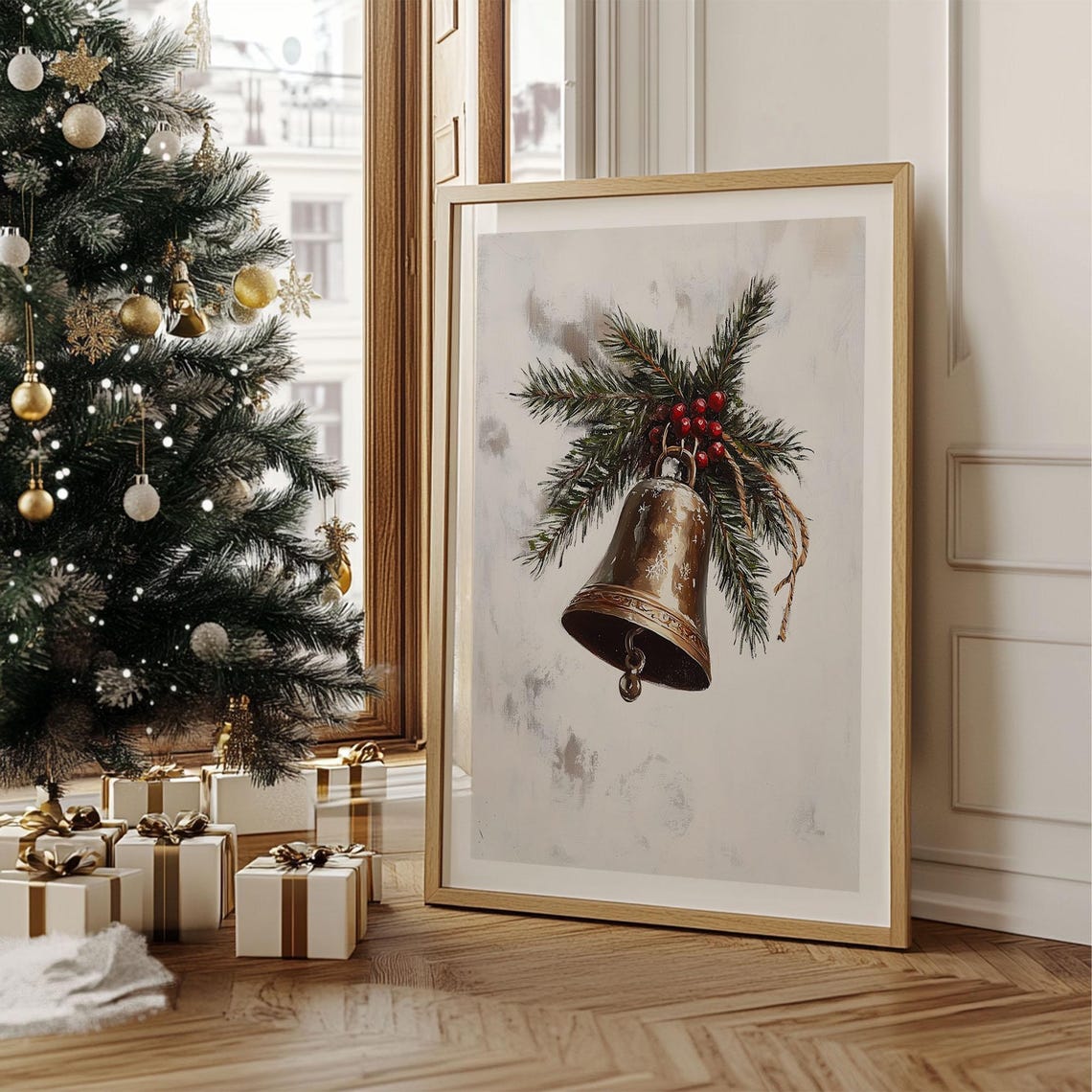 Rustic Brass Bell with Pine Branch and Red Berries Christmas Poster - Image 3