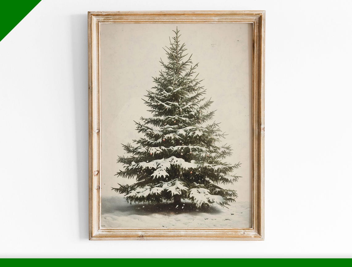 Minimalist Snowy Evergreen Tree on Cream Vintage Botanical Poster