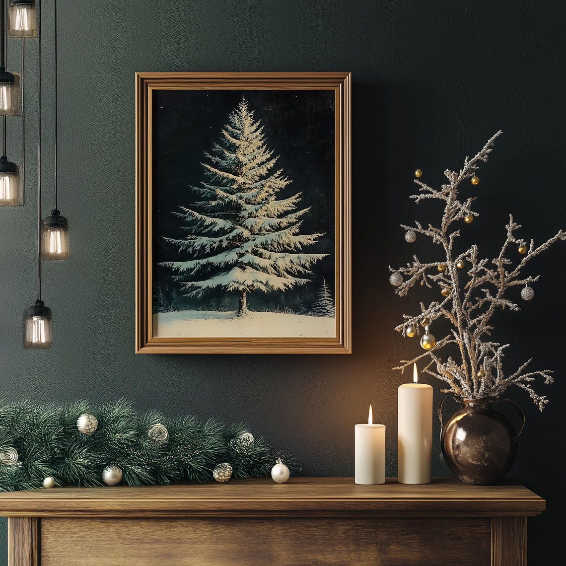 Moonlit Snowy Evergreen Dark Night Sky Vintage Winter Tree Poster - Image 3