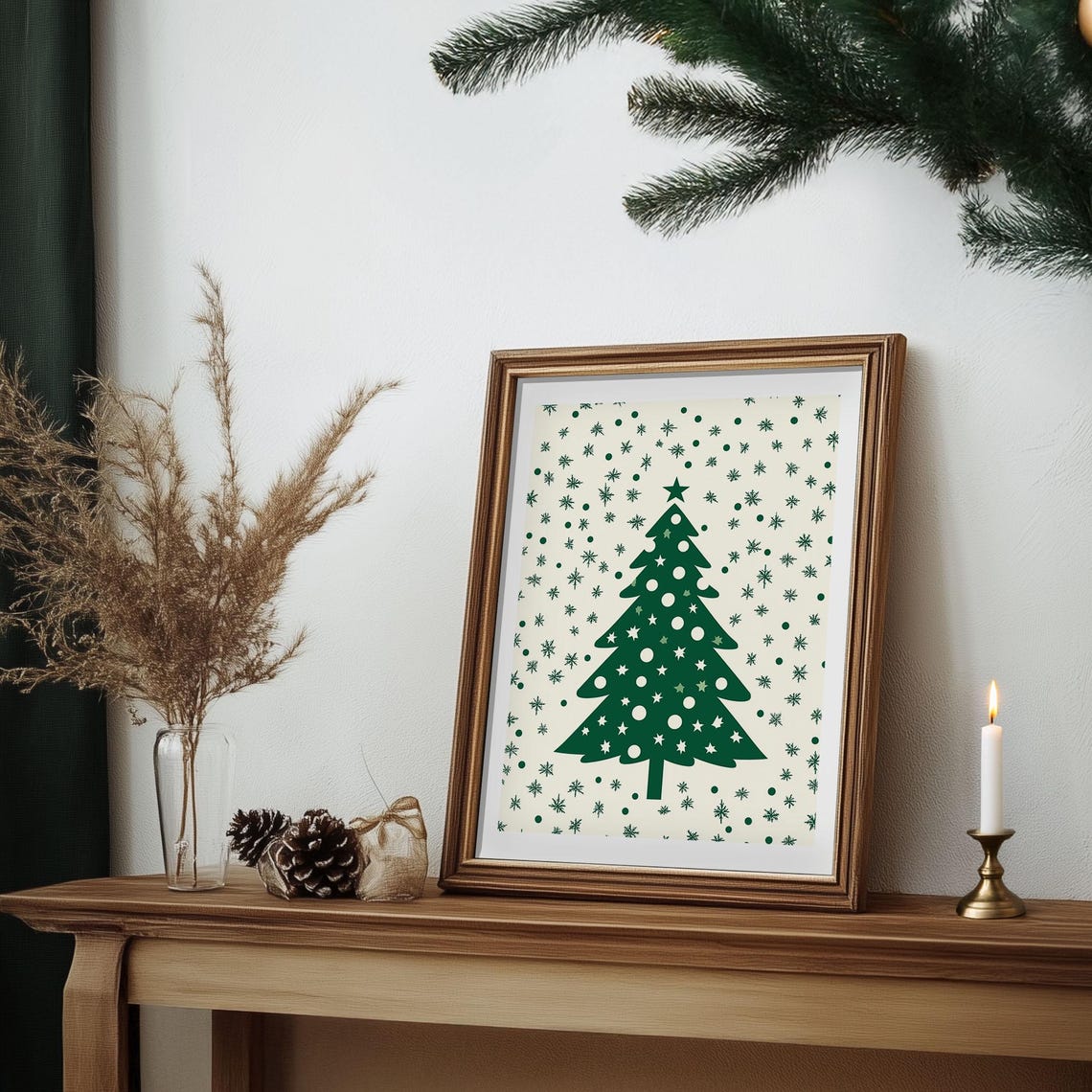 Modern Minimalist Green Christmas Tree Starry Holiday Wall Art - Image 6
