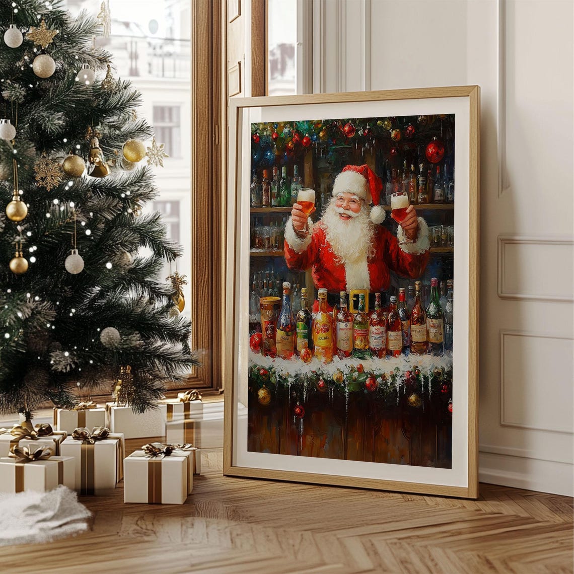 Jolly Santa Claus Bartender Toasting Behind Christmas Bar Poster - Image 2