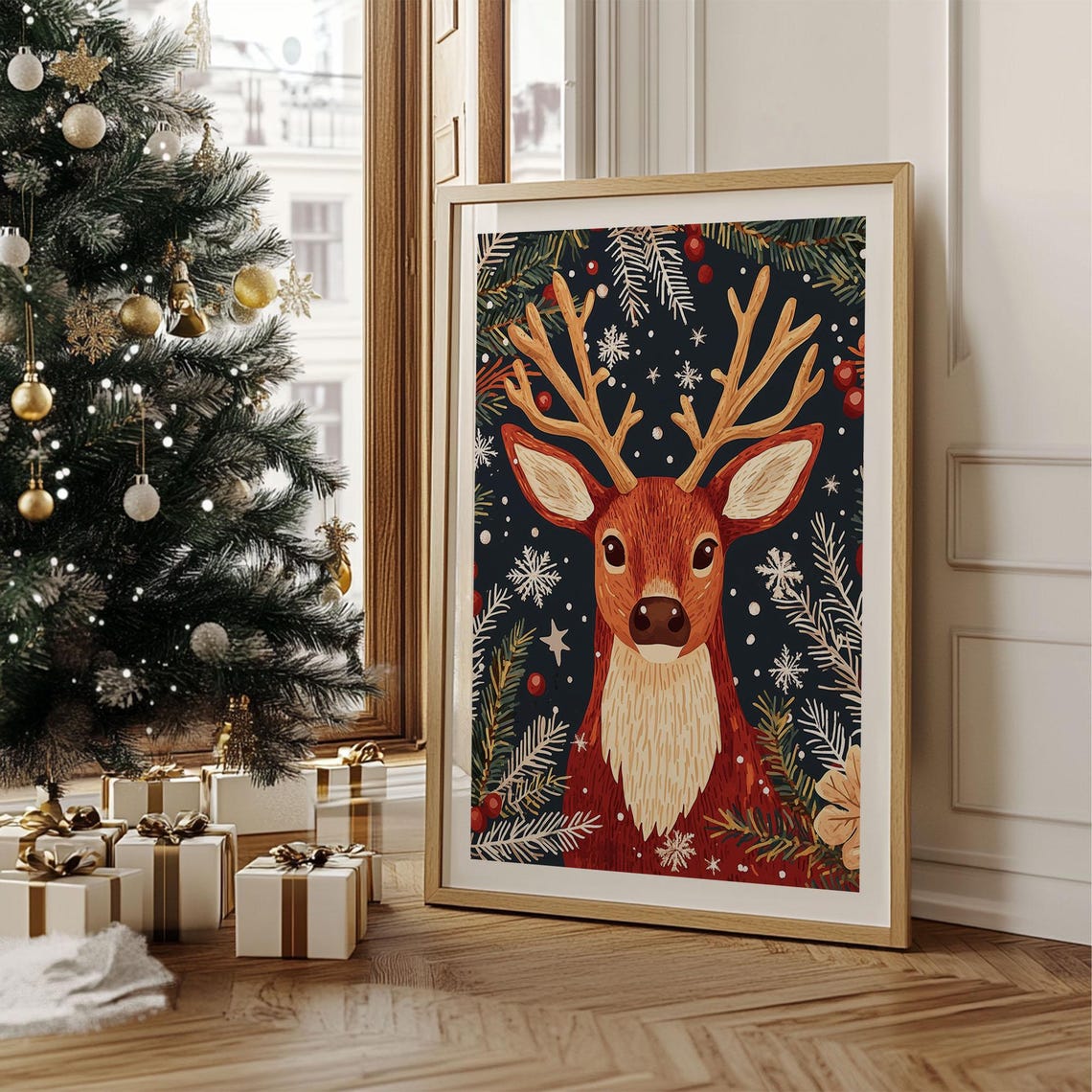 Folk Art Reindeer Head with Pine and Berries Navy Christmas Poster - Image 2