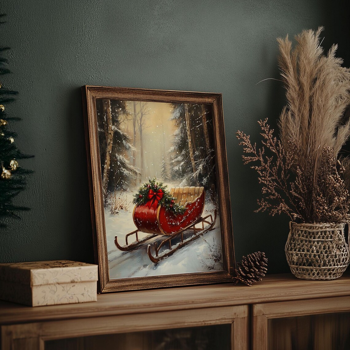 Red Christmas Sleigh in Snowy Forest Vintage Winter Scene Poster - Image 6