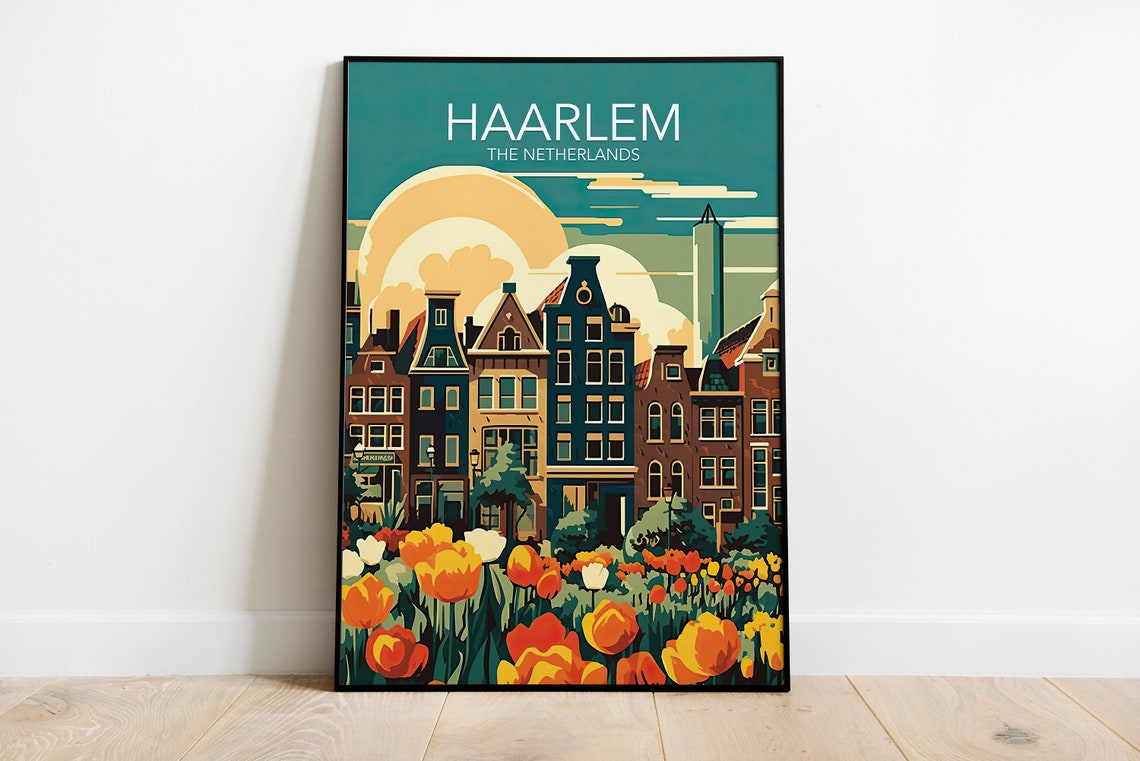Haarlem Gabled Houses Tulip Garden Netherlands Vintage Travel Poster
