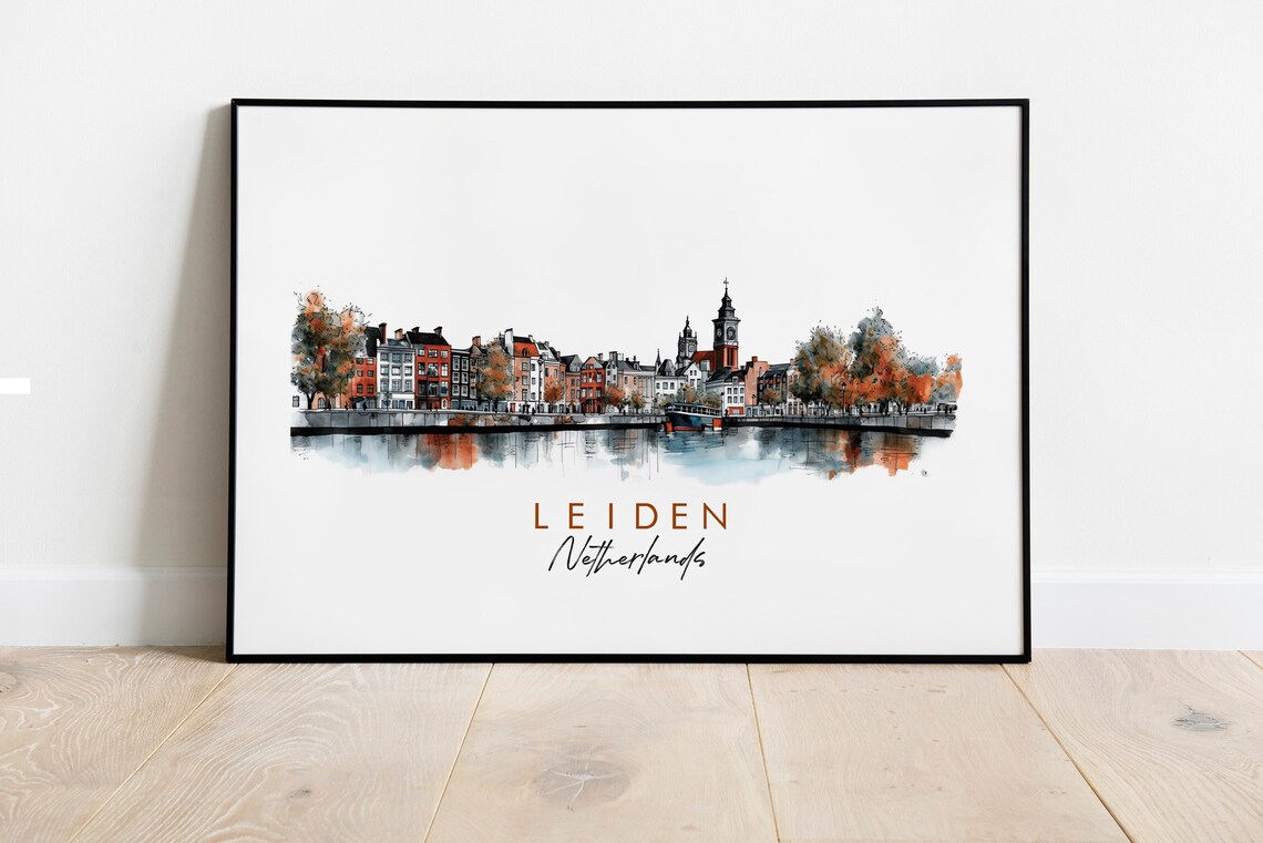 Leiden Netherlands Canal City Skyline Watercolor Art Travel Poster