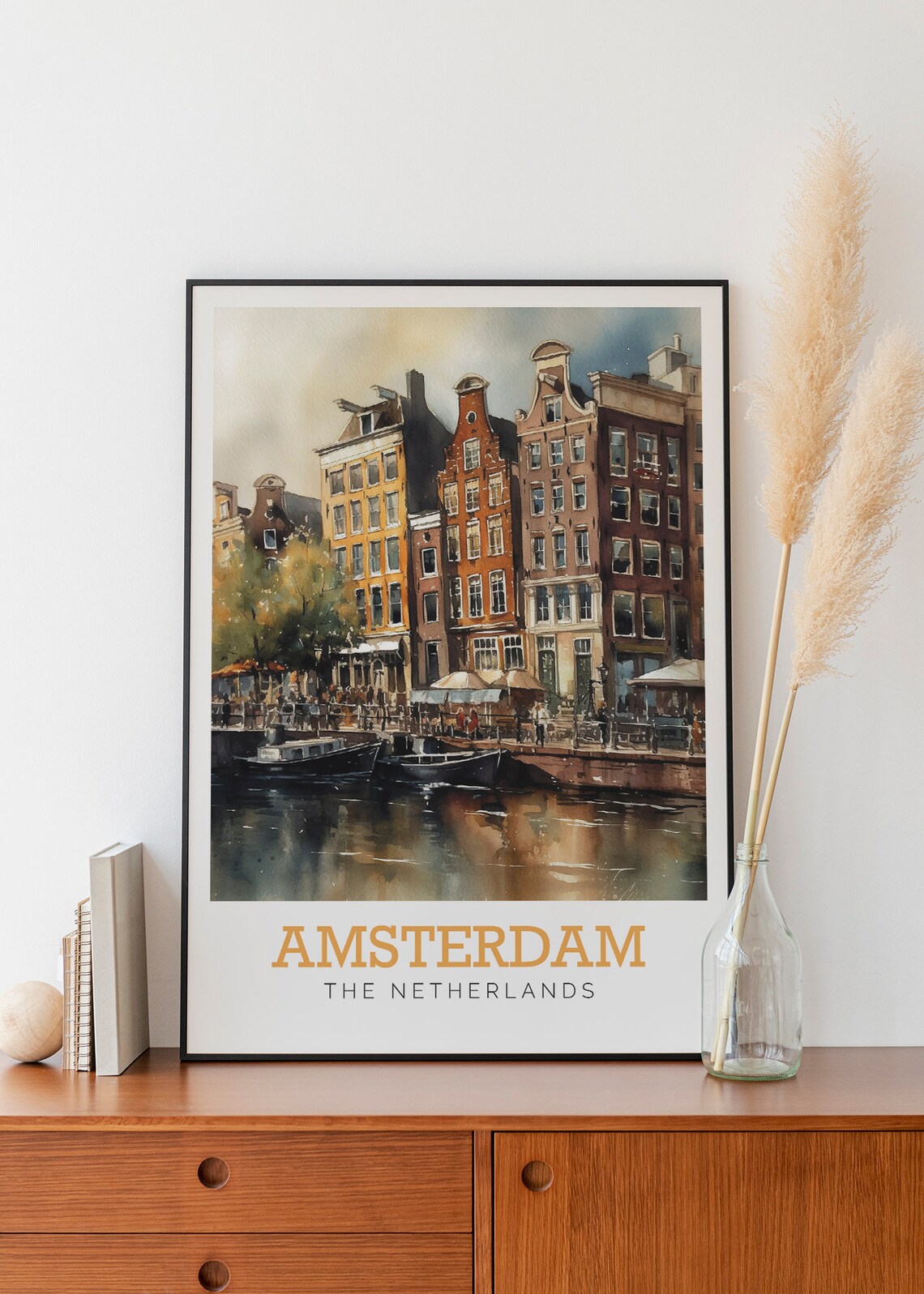 Amsterdam Netherlands Canal Houses Boats Watercolor Travel Poster - Image 3