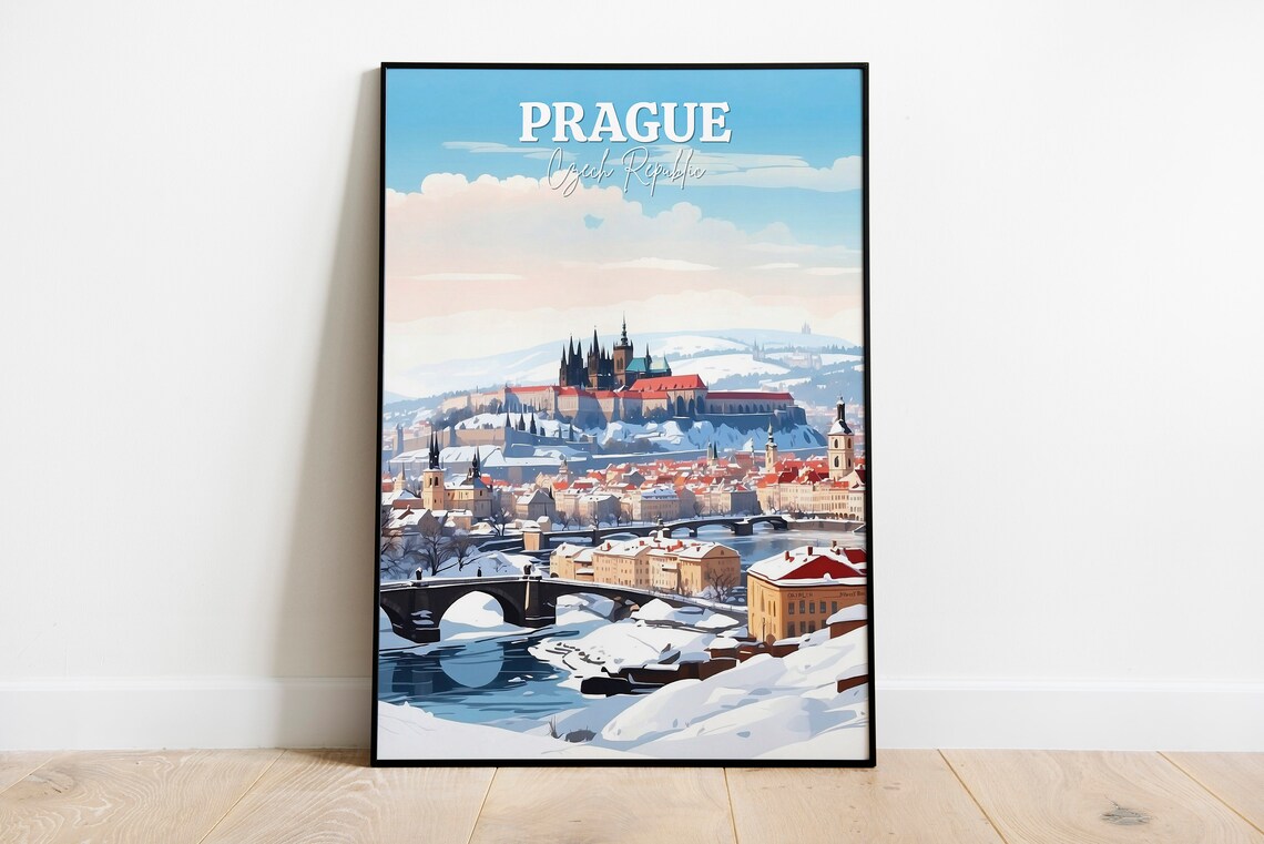 Prague Czech Republic Snowy Castle Winter City Travel Scene Art Poster