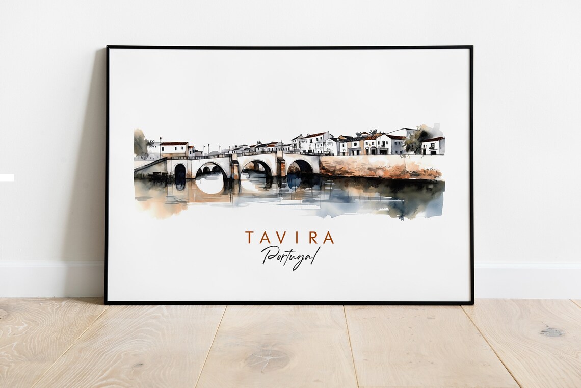 Tavira Portugal Arched Stone Bridge Riverside Watercolor Poster
