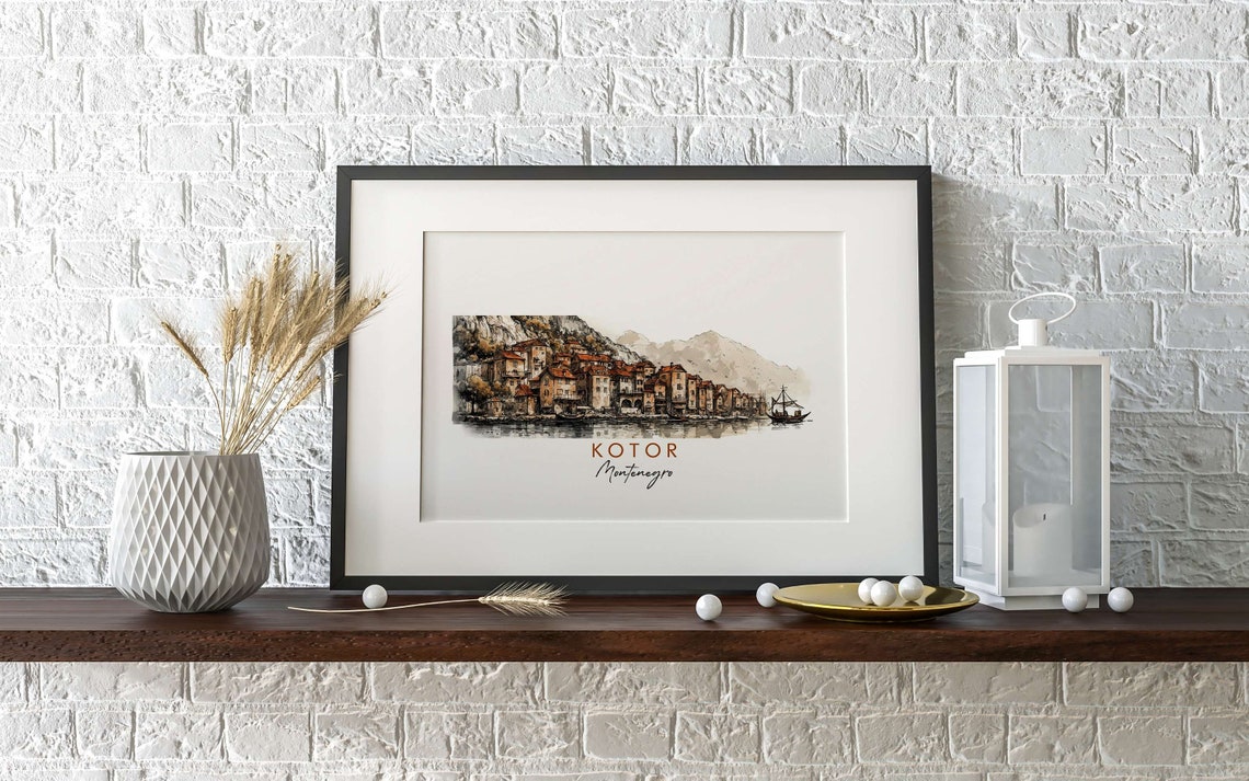 Kotor Montenegro Bay Old Town Mountains Watercolor Art Poster - Image 2