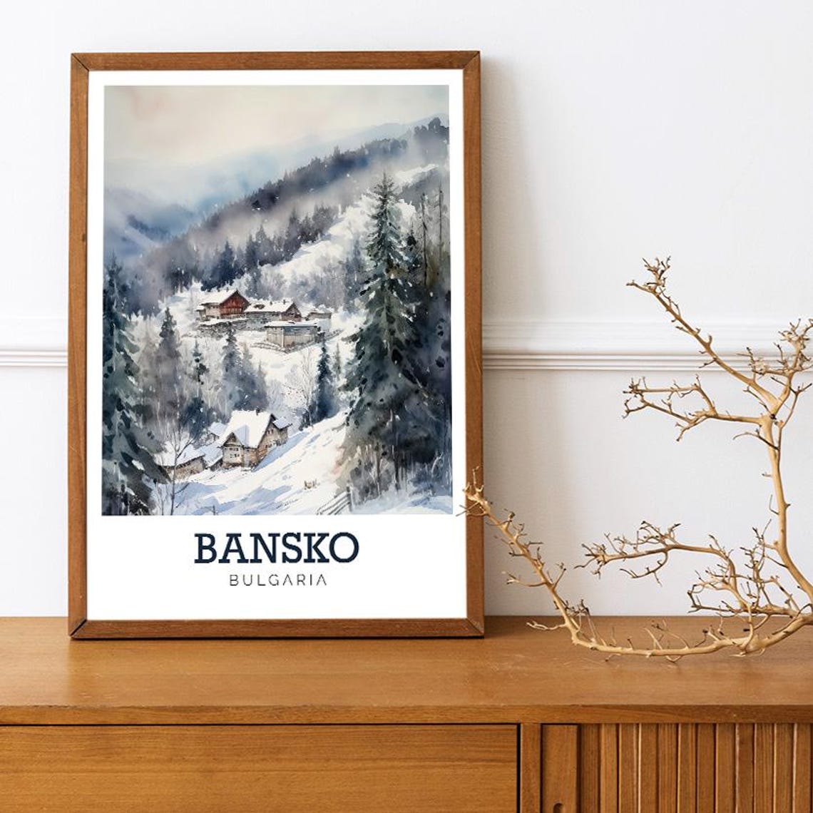 Bansko Bulgaria Snowy Mountain Village Watercolor Travel Poster - Image 3