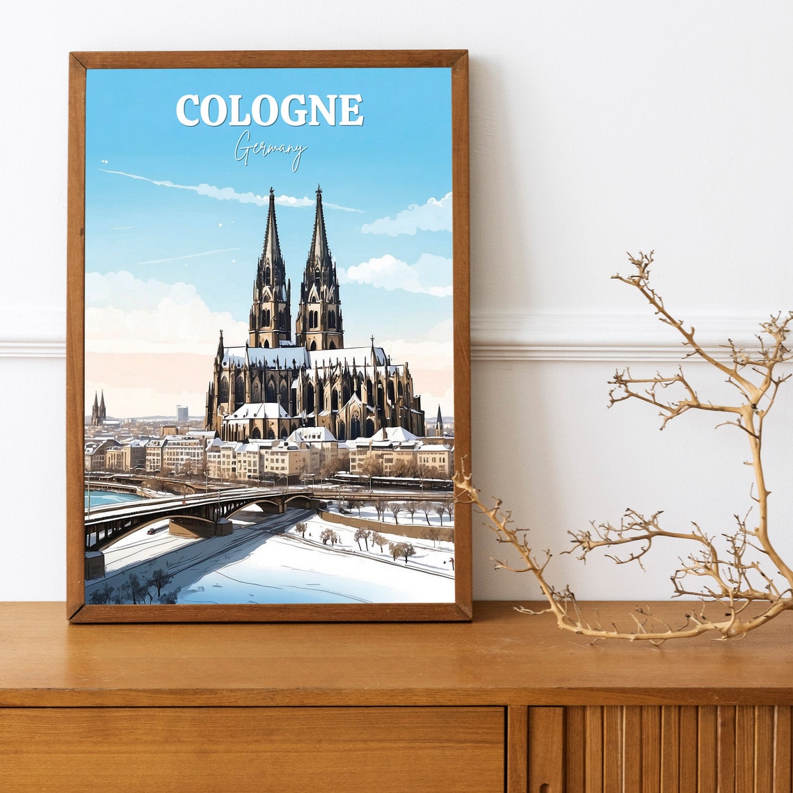 Cologne Germany Cathedral Winter Snowy Rhine River View Poster - Image 3