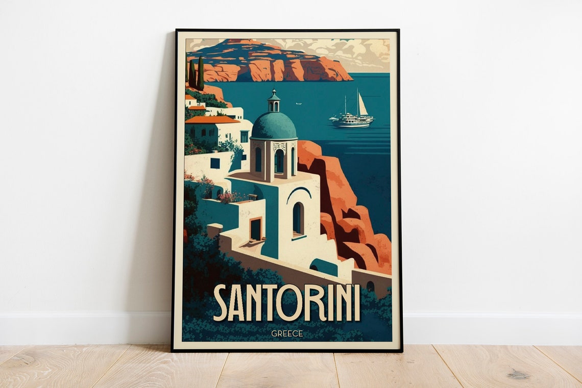 Santorini Greece White Blue Dome Church Vintage Travel Poster