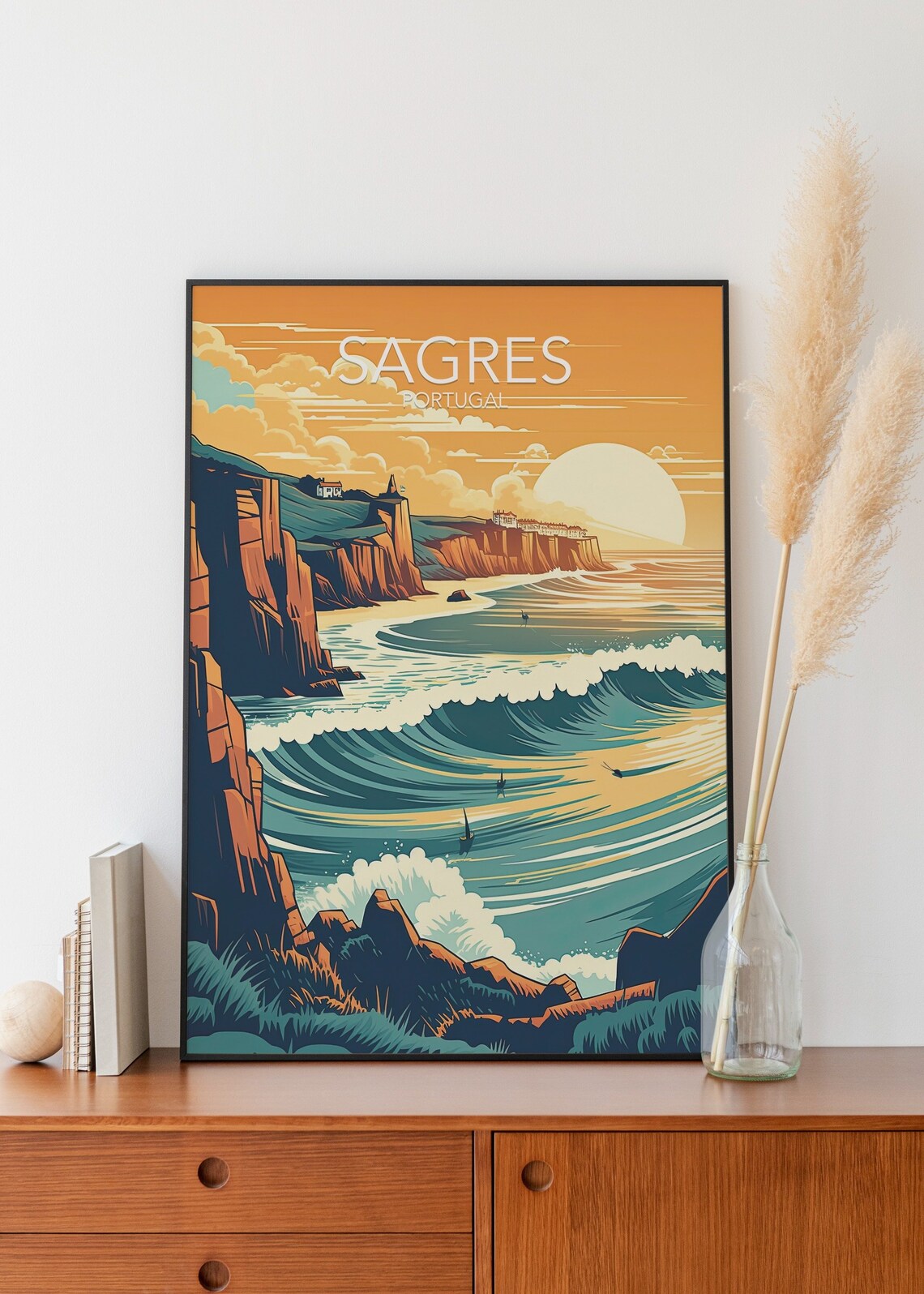 Sagres Portugal Sunset Cliffs Surf Waves Vintage Travel Art Poster - Image 3