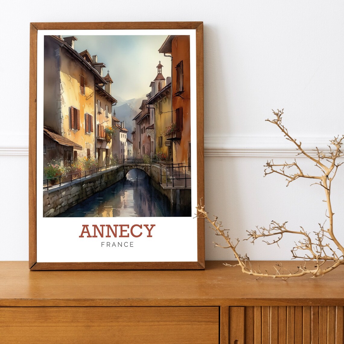 Annecy France Flower Lined Canal Watercolor Art Travel Poster - Image 3