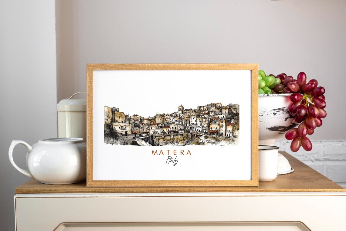 Matera Italy Hillside Stone Town Watercolor Ink Sketch Art Poster - Image 3