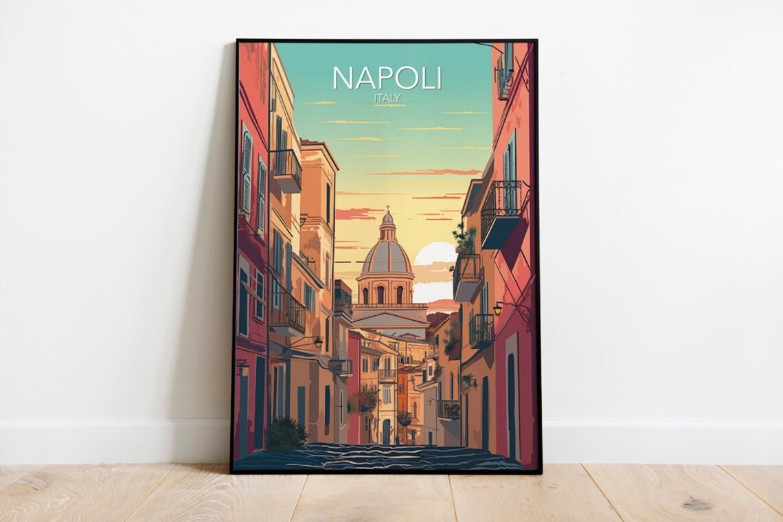 Napoli Italy Old Town Church Street Sunset Vintage Travel Poster