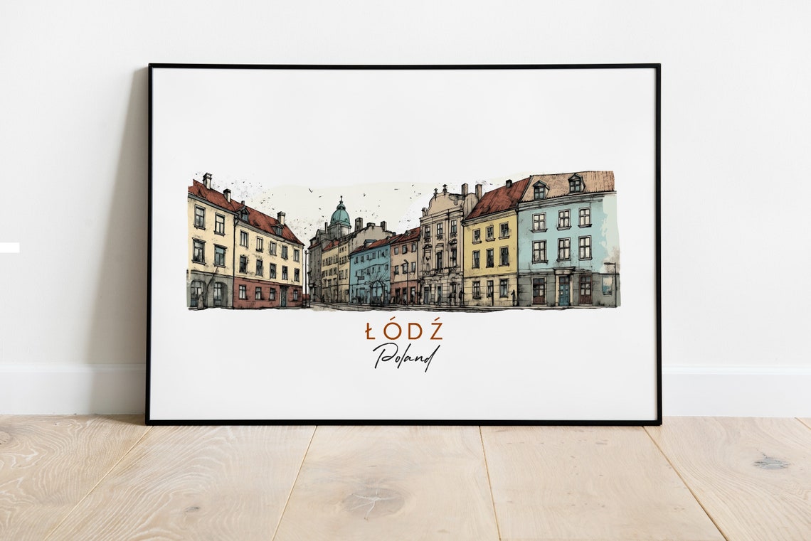 Lodz Poland Colorful Historic Street Ink Watercolor Town Poster