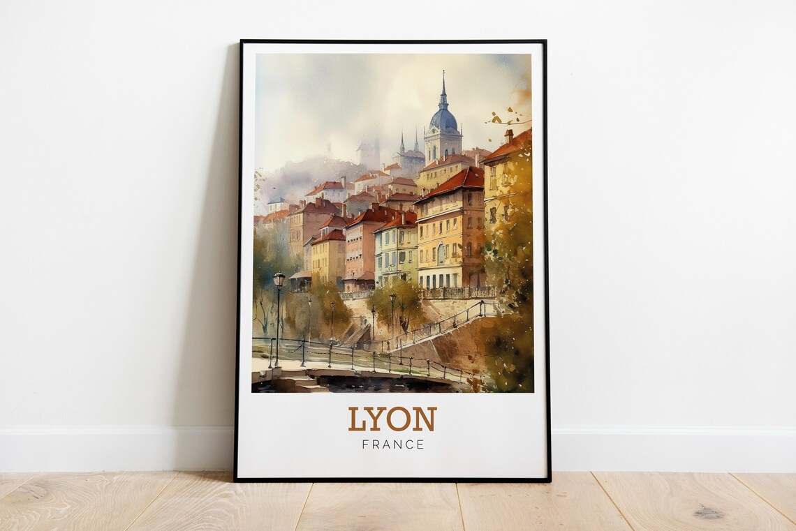 Lyon France Hilltop Watercolor Riverside Old Town Travel Poster