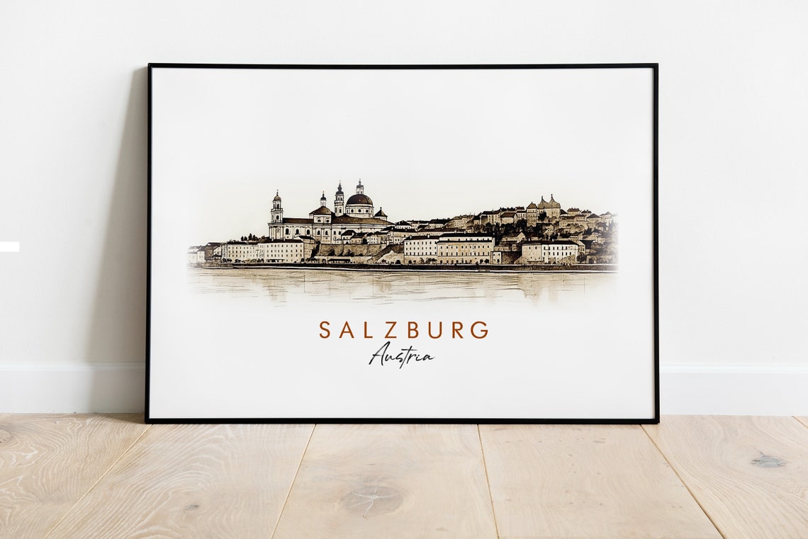 Salzburg Austria Historic Skyline Cathedral Fortress Ink Poster