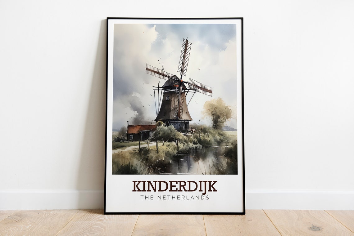 Kinderdijk Netherlands Windmill Watercolor Countryside Travel Poster - Image 2