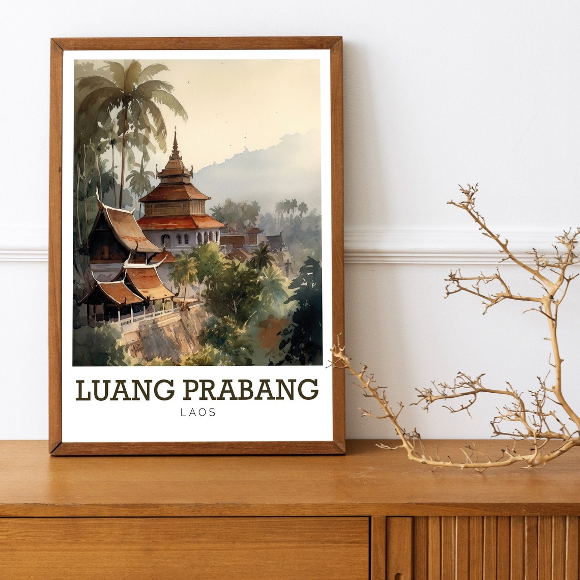Luang Prabang Laos Temple Palm Trees Misty Watercolor Poster