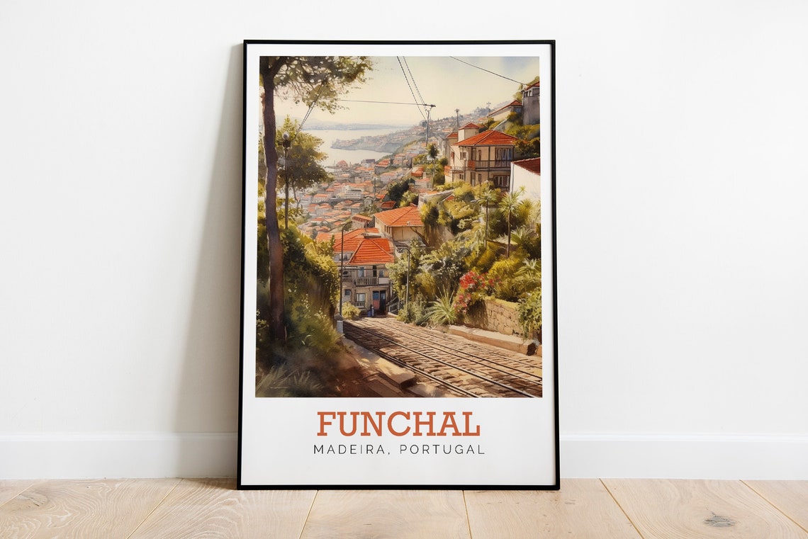 Funchal Madeira Portugal Steep Hillside Street Watercolor Poster