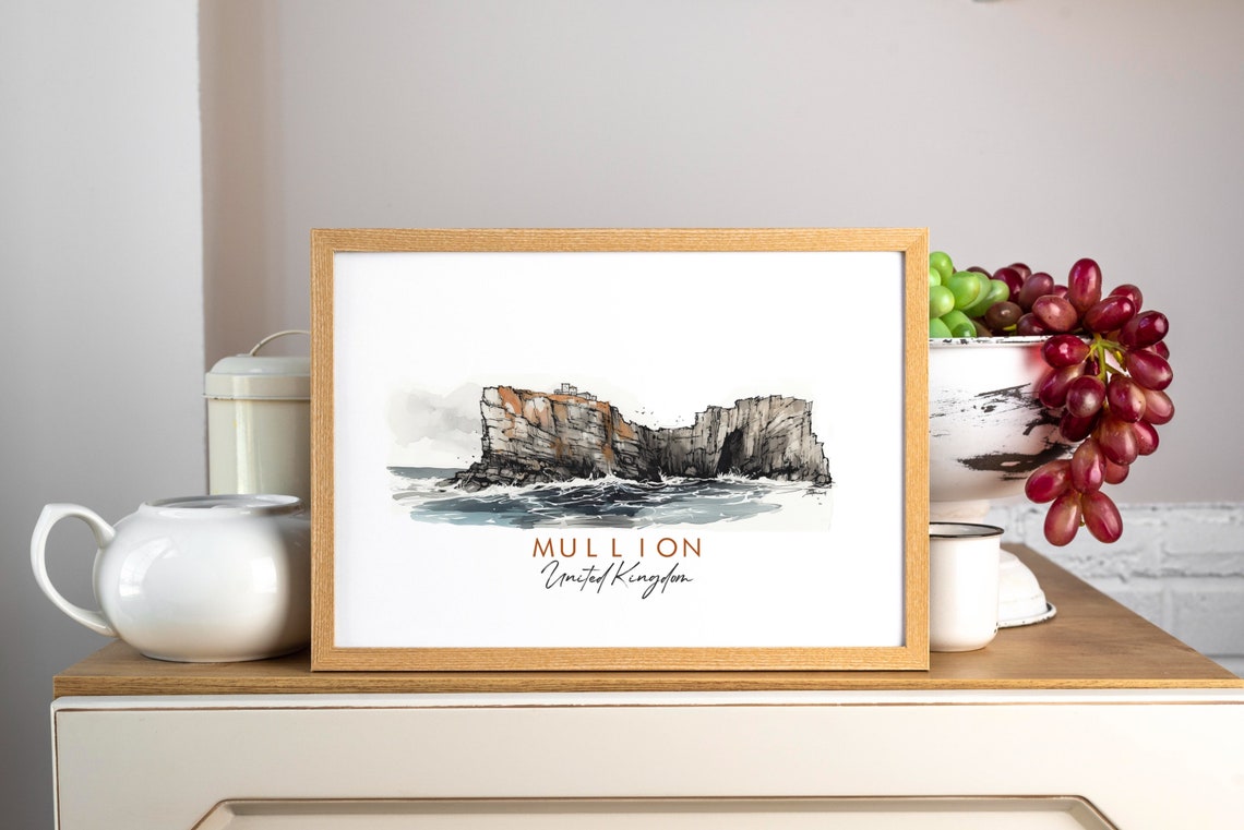 Mullion United Kingdom Sea Cliffs Waves Ink Sketch Art Poster - Image 3