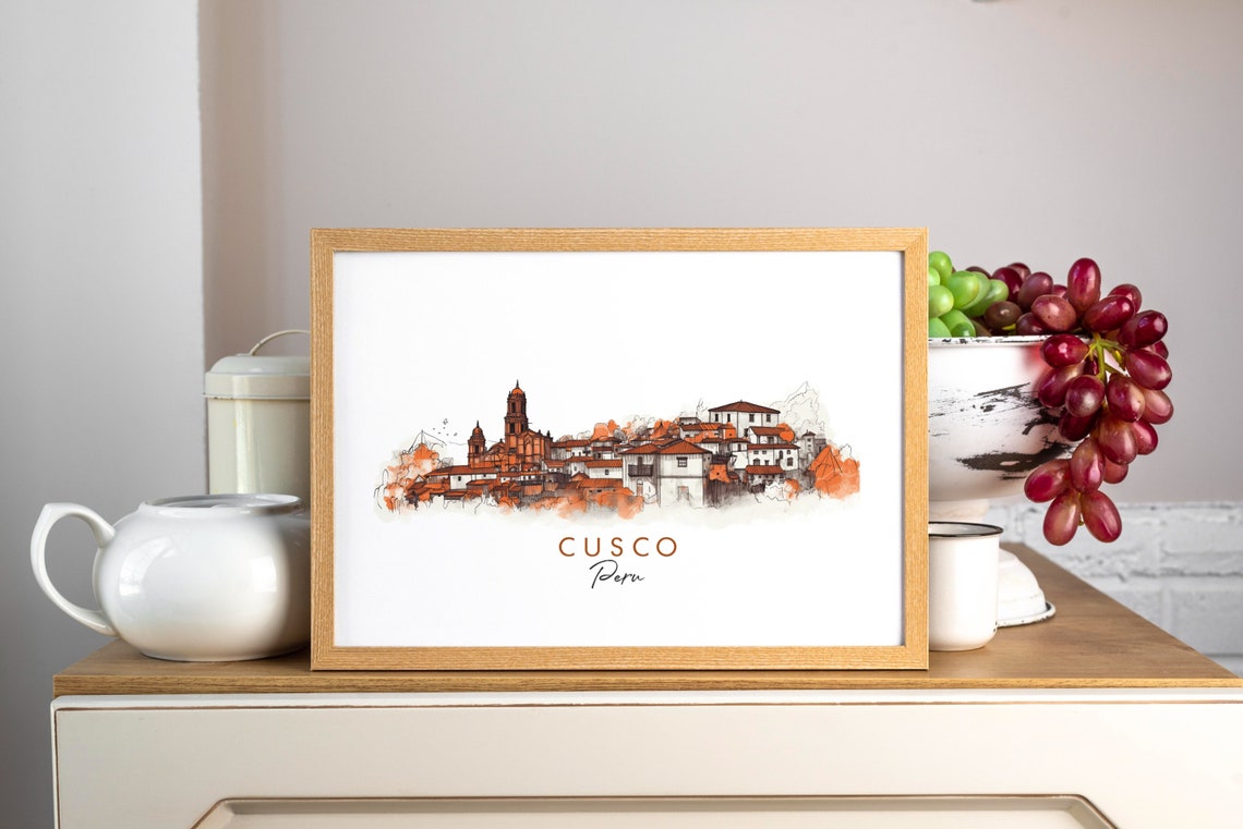 Cusco Peru Terracotta Old Town Cathedral Ink Sketch Art Poster - Image 3