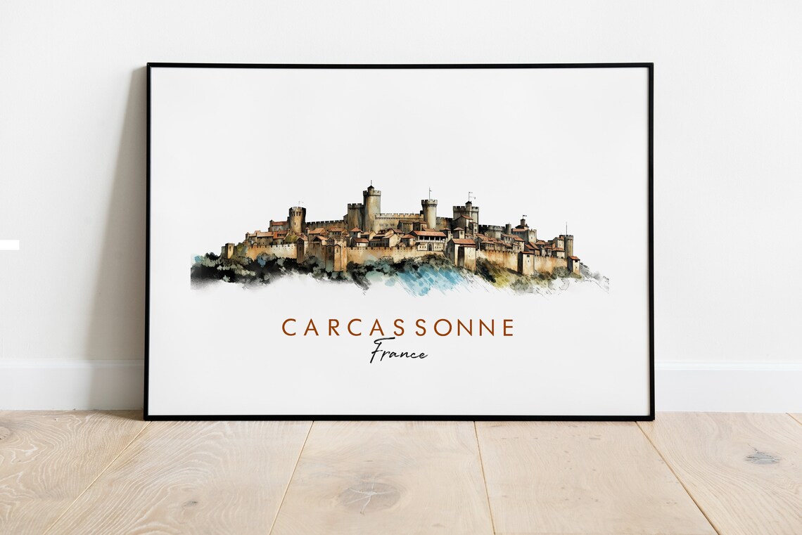 Carcassonne France Medieval Citadel Ink Watercolor Travel Poster