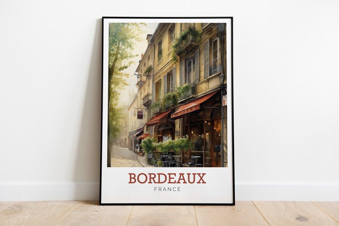 Bordeaux France Cobblestone Cafe Street Watercolor Travel Poster
