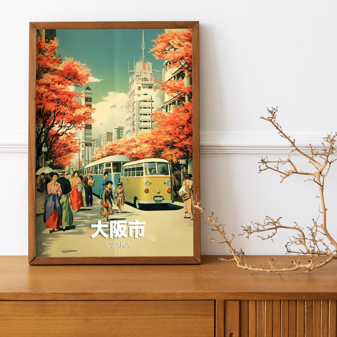 Osaka Japan Vintage Retro Autumn Street Buses City Travel Poster - Image 2
