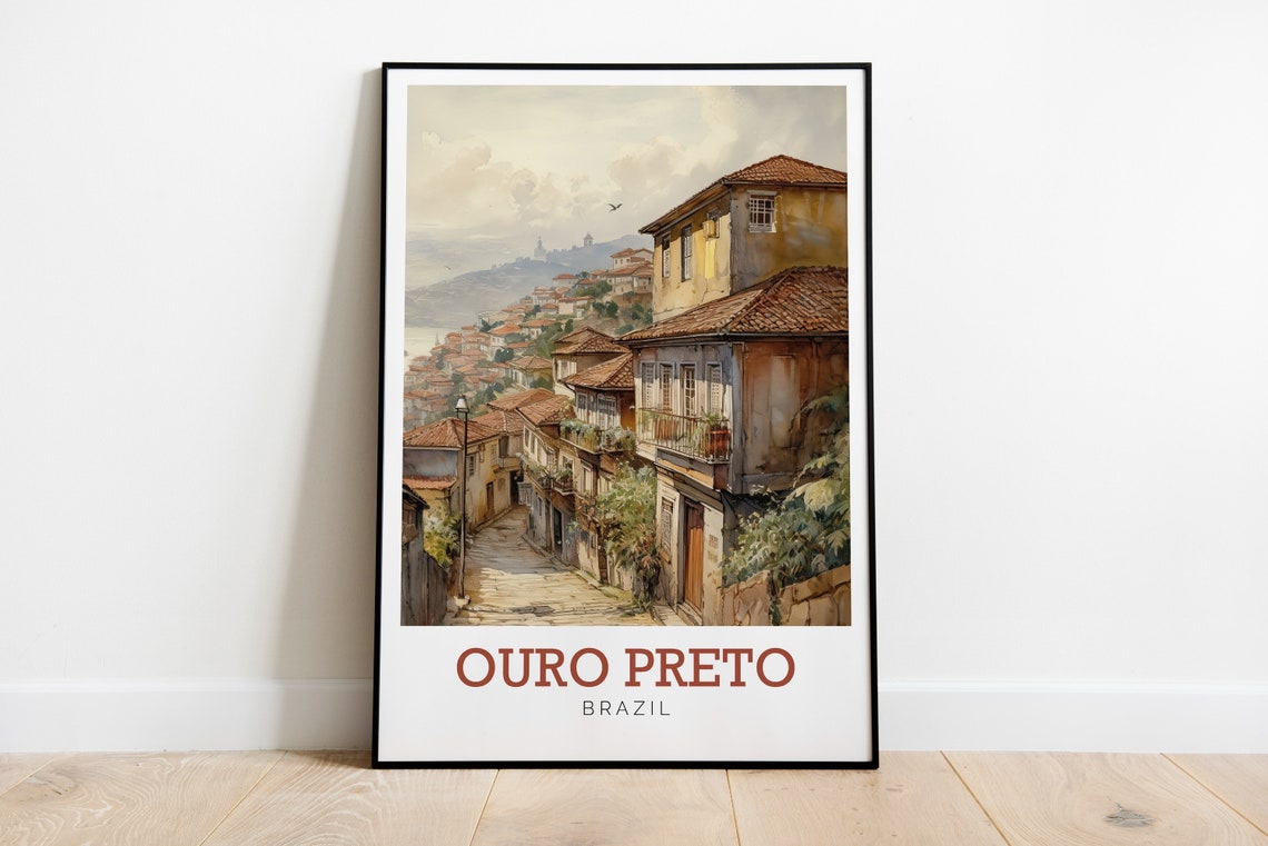 Ouro Preto Brazil Colonial Hillside Town Watercolor Art Poster