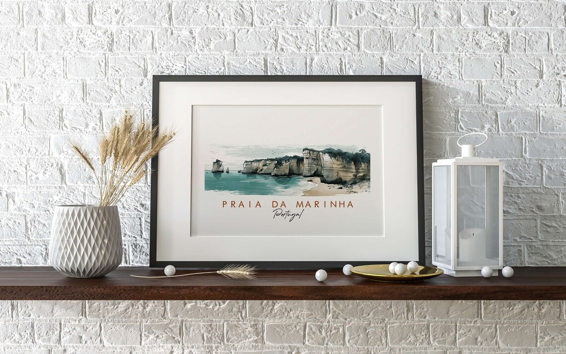 Praia da Marinha Portugal Sea Cliffs Beach Watercolor Art Poster - Image 2