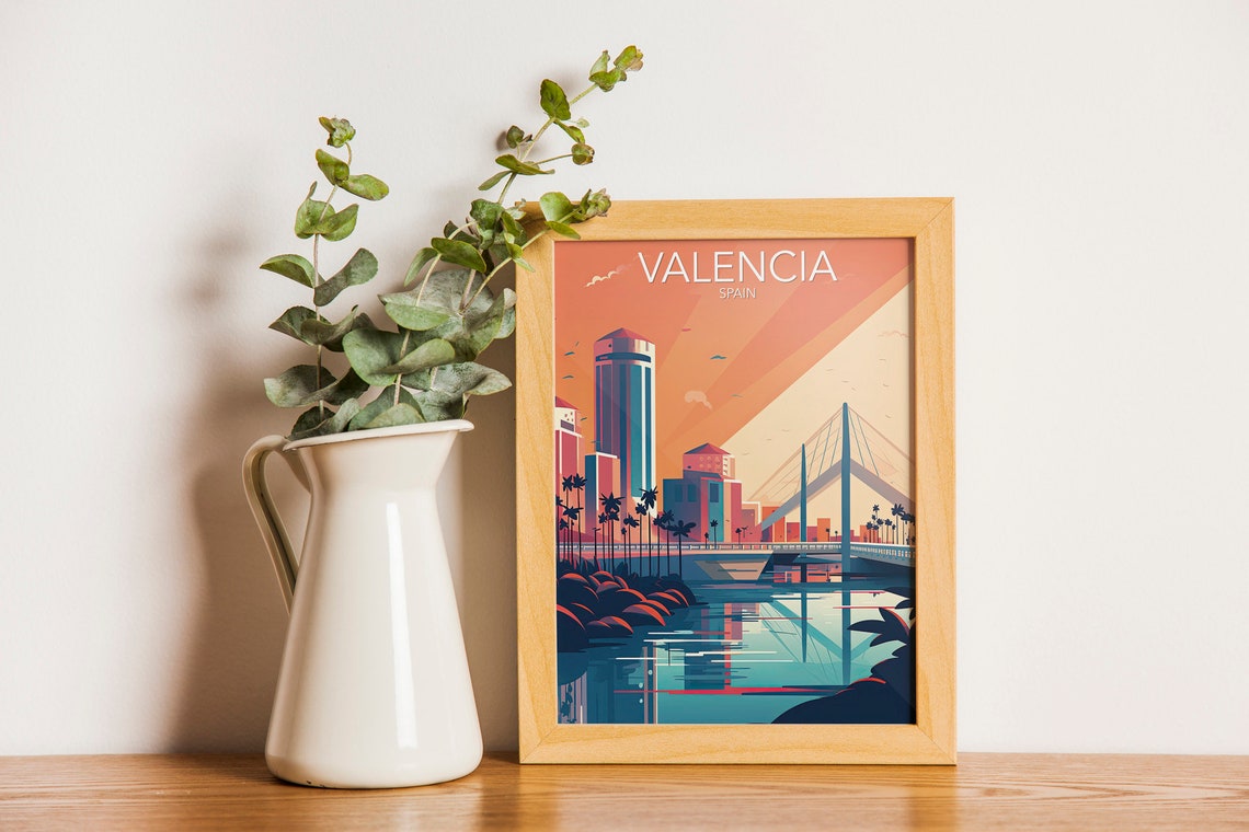 Valencia Modern Skyline River Bridge Spain Sunset Travel Poster - Image 2