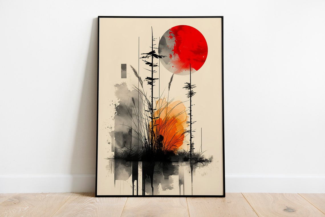 Red Moon Japanese Ink Pine Landscape Minimalist Boho Art Print - Image 2