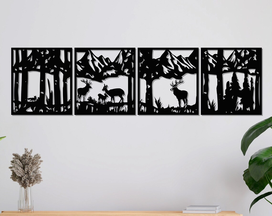 Deer Family Four Panel Metal Wall Art Forest Mountain Scene Wall Decor