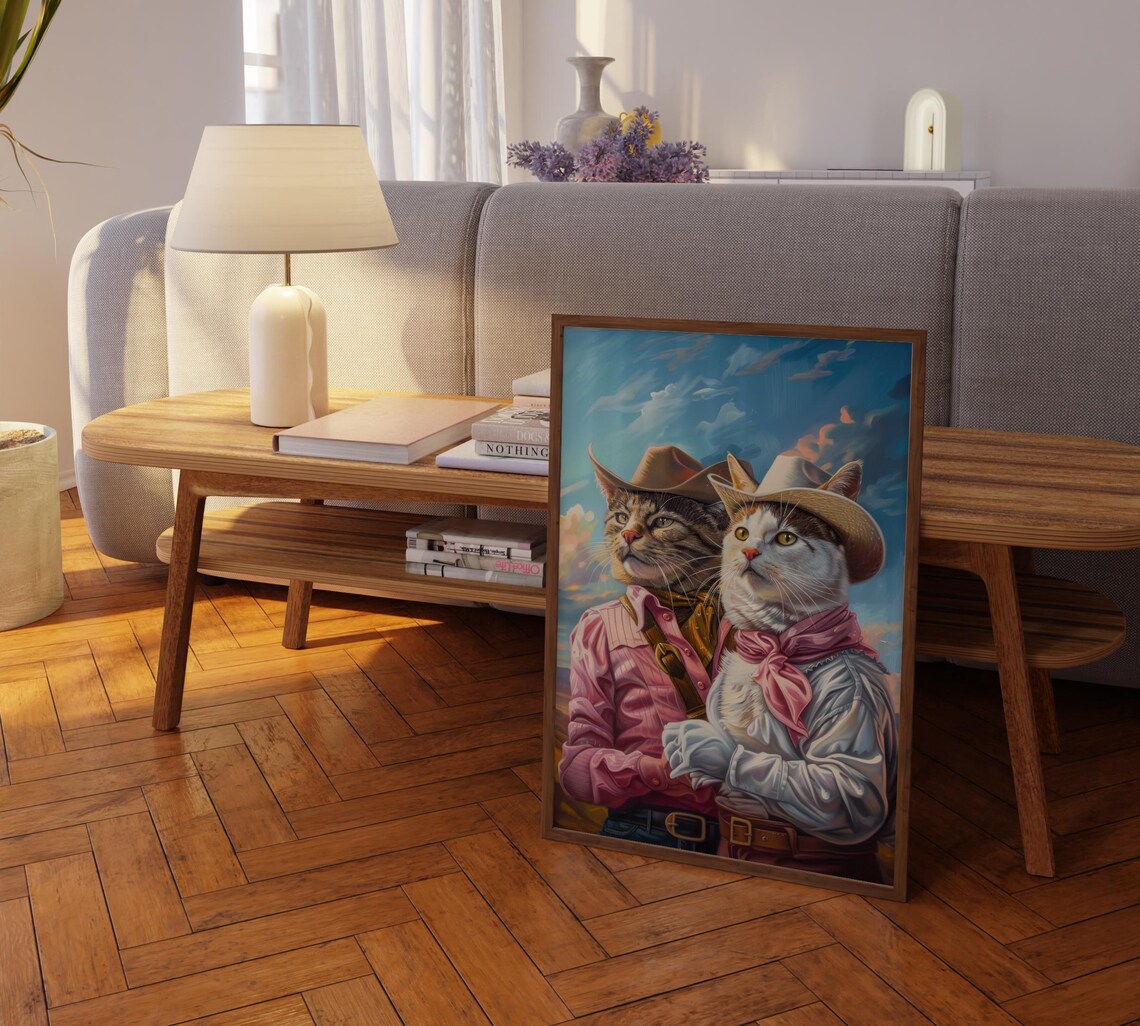 Cowboy Cats Oil Painting Poster with Pink Bandanas at Dusk Sky View - Image 2
