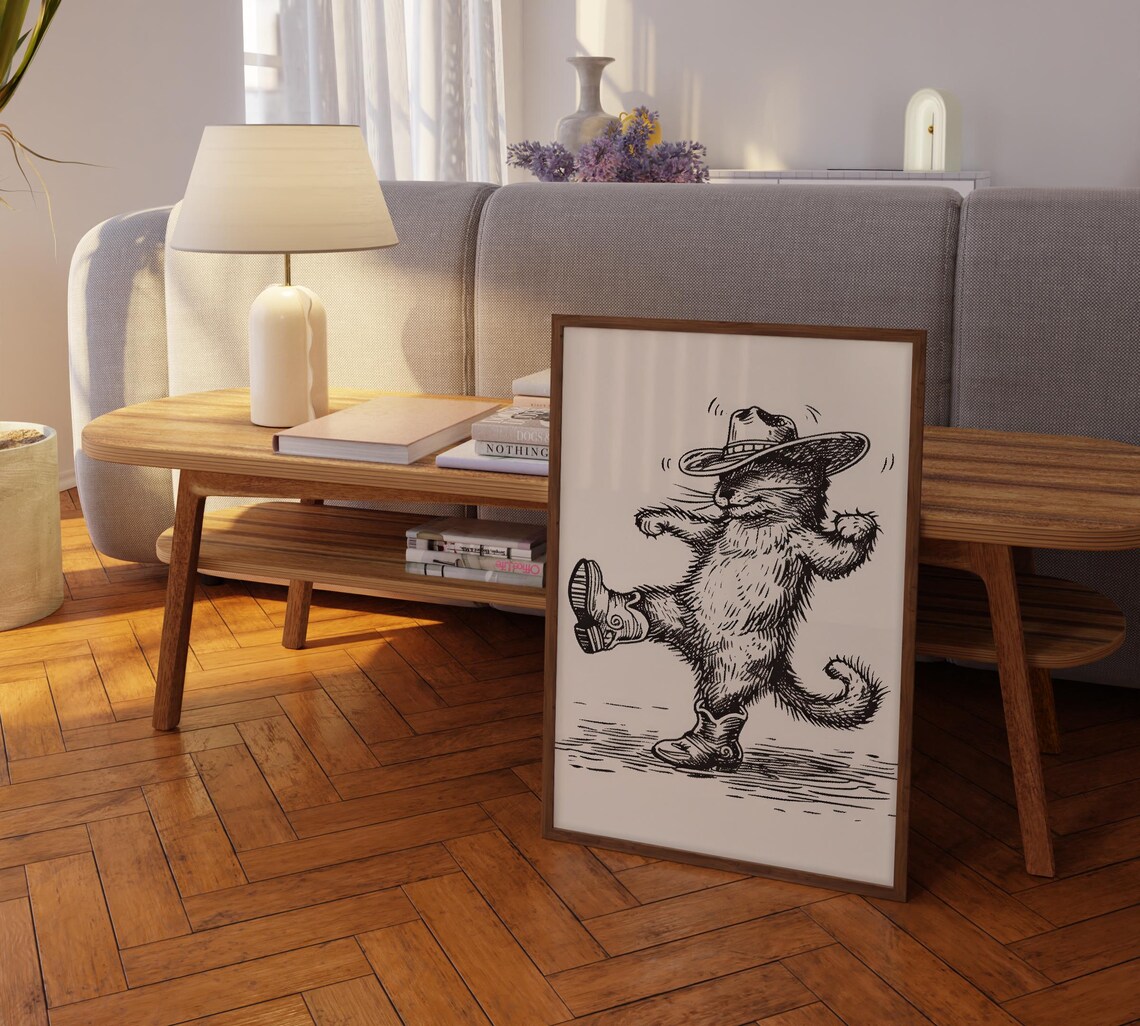 Dancing Cowboy Cat High Kick Sketch Vintage Western Decor Poster - Image 2